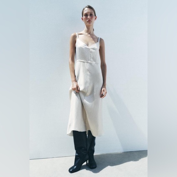 Zara Cream Sleeveless Midi Slip Dress - Picture 1 of 10